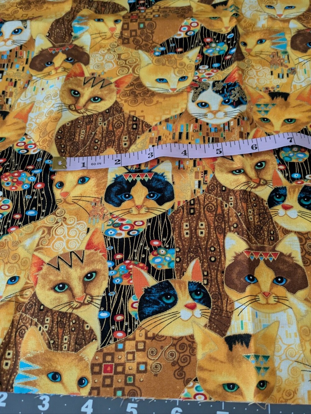 Cleo Bejeweled Cats Gold Cotton Fabric Remnant 17" X 44"
